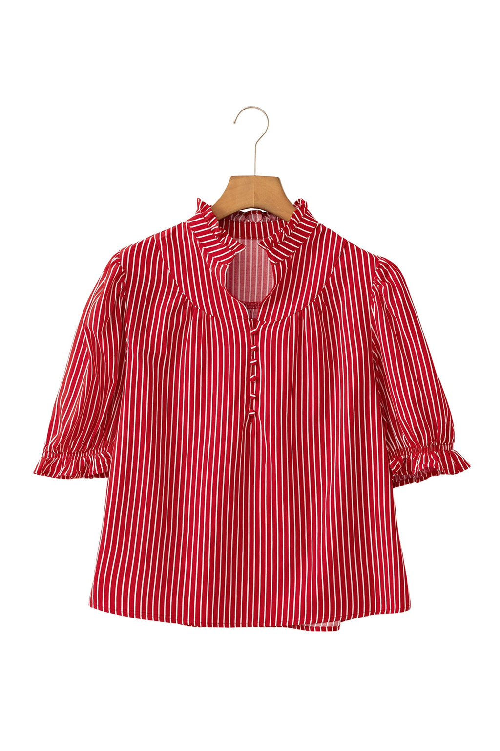 Red Stripe Ruffled Short Puff Sleeve Button Front Blouse