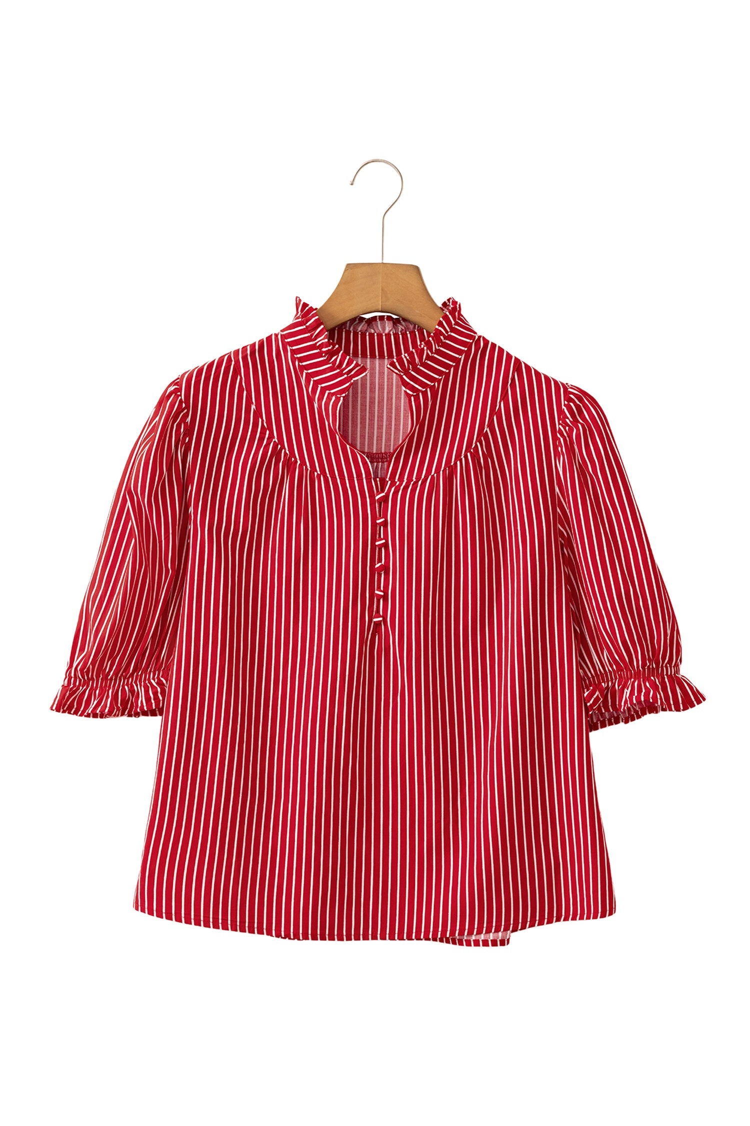 Red Stripe Ruffled Short Puff Sleeve Button Front Blouse