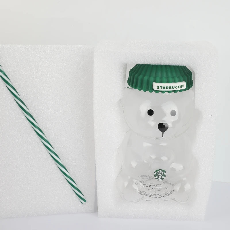 Starbucks Bearista Bear Clear Glass Cup 591ml Green Lid Straw Cold Water Tumbler Café Gift