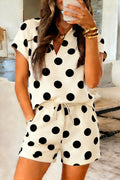 Beige Polka Dot Print V Neck Tee Short Set