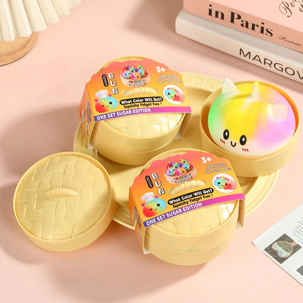 New Viral Large Rainbow Unicorn Bun Squishy Toy, Blind Box, Simulated Soup Dumpling Vent Fidget Toy for Sensory Stress Relief