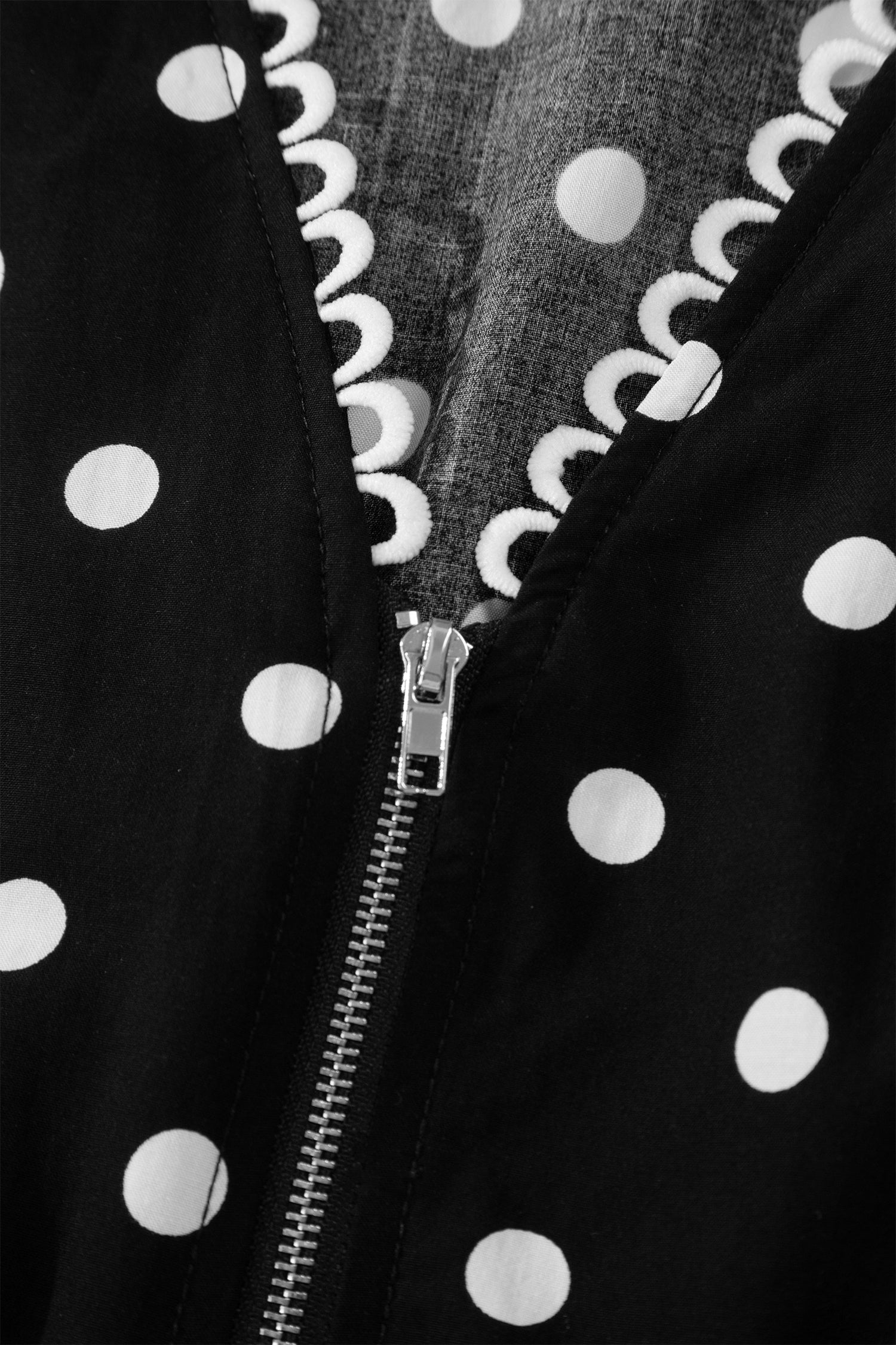 Black Polka Dot Print Contrast Trim V Neck Zip Up Sleeveless Dress
