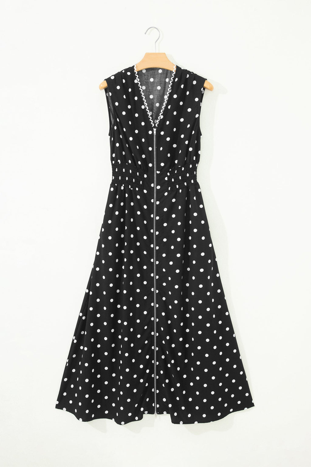 Black Polka Dot Print Contrast Trim V Neck Zip Up Sleeveless Dress