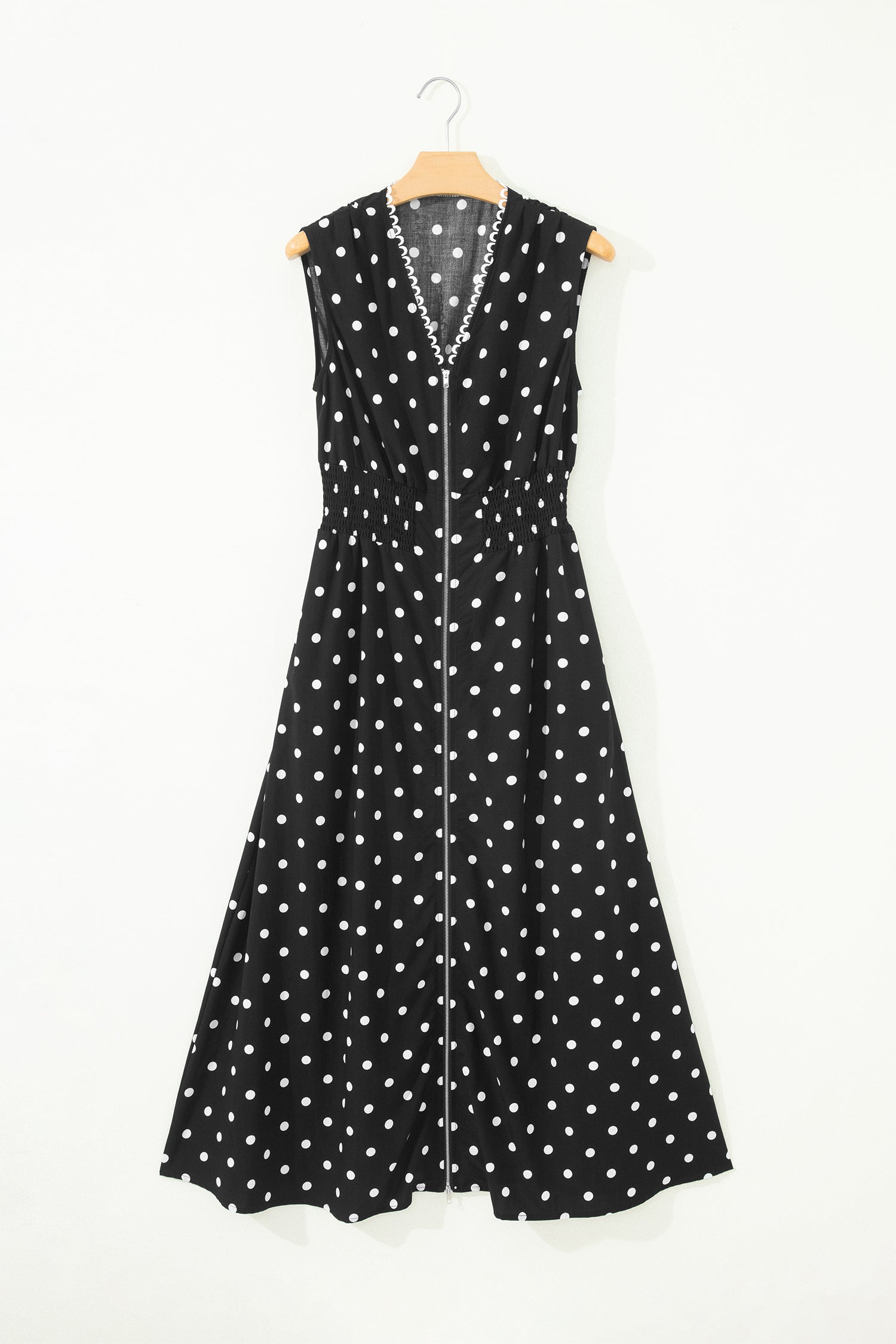 Black Polka Dot Print Contrast Trim V Neck Zip Up Sleeveless Dress