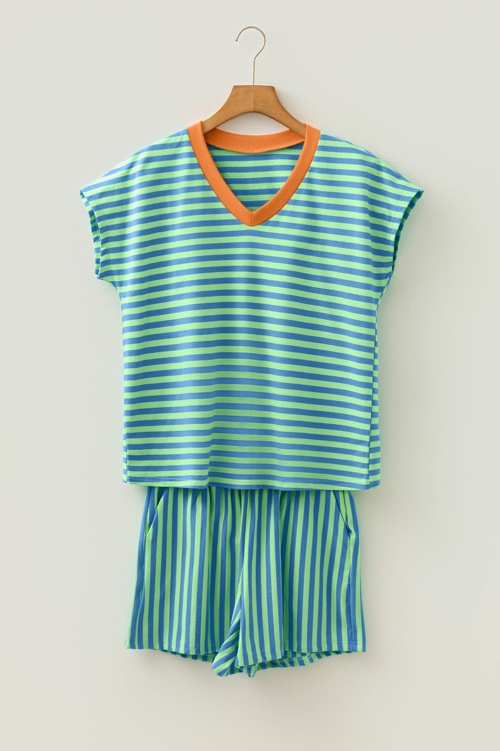 Green Stripe Colorblock Trim V Neck Tee Drawstring Elastic Waist Short Set