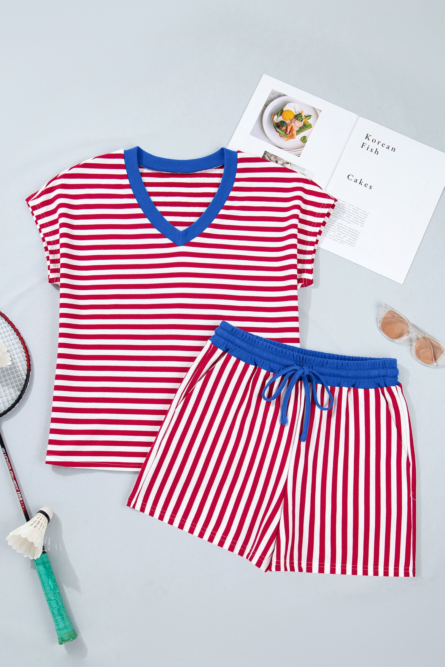 Green Stripe Colorblock Trim V Neck Tee Drawstring Elastic Waist Short Set