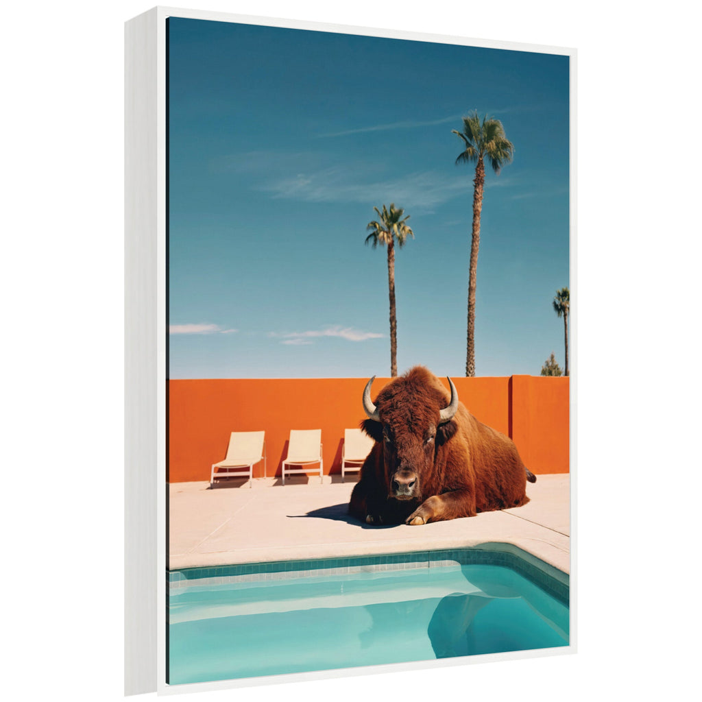 Sylvie Bison Chilling by the Pool in California Framed Canvas by Michael Schauer