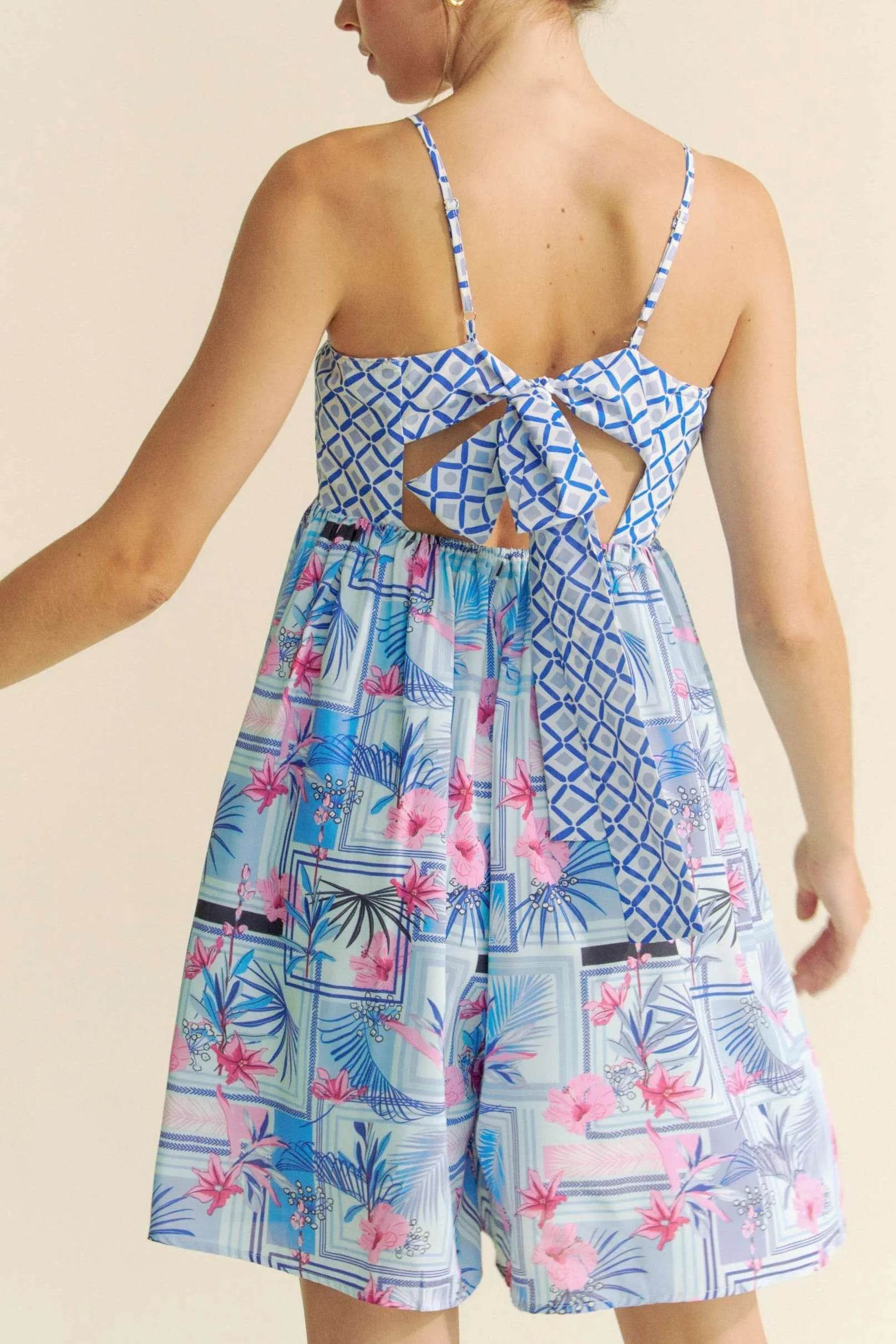 Davi & Dani Tropical Floral Geo Print Tie Back Tube Top Romper