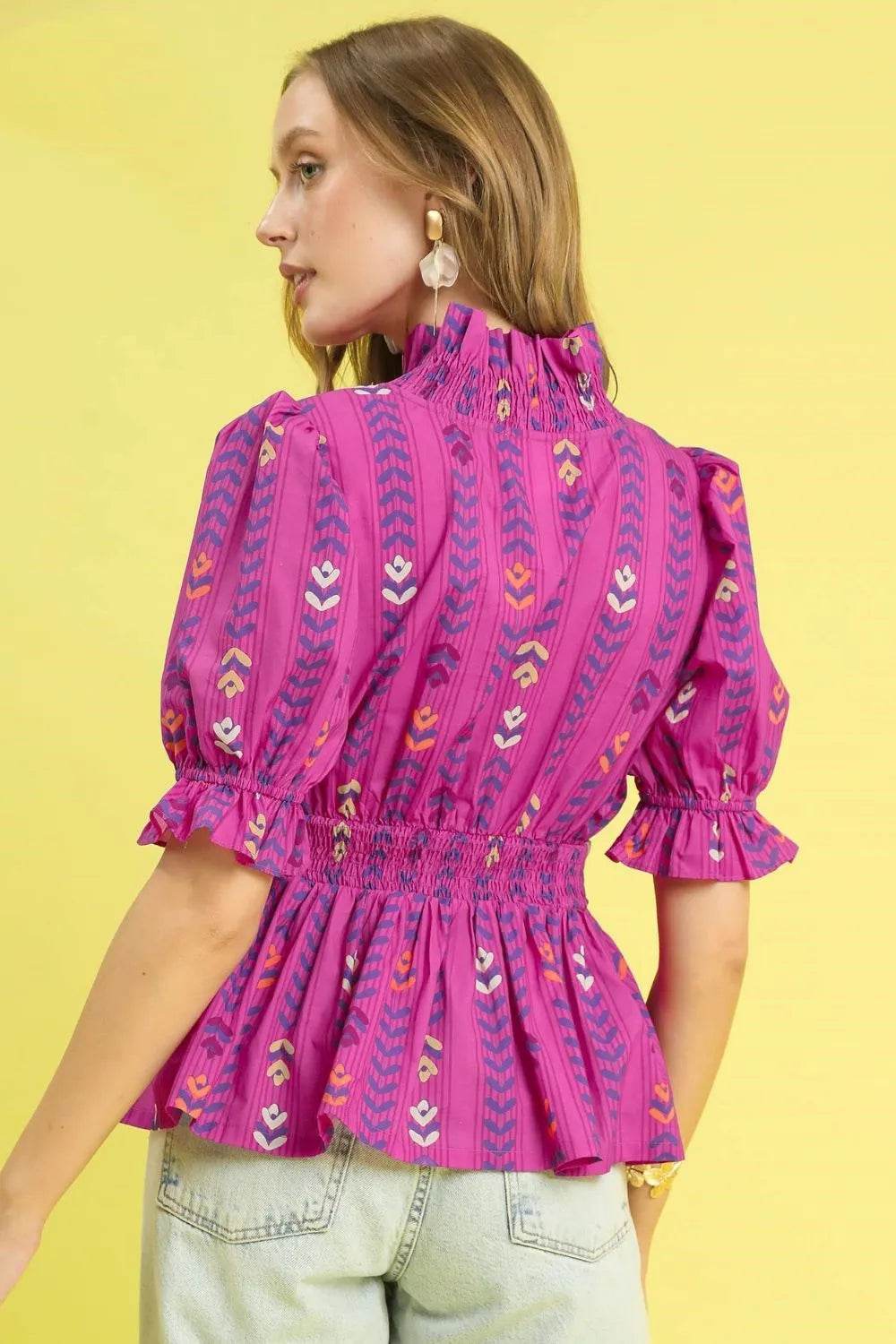 Umgee Printed Half Sleeve Peplum Blouse
