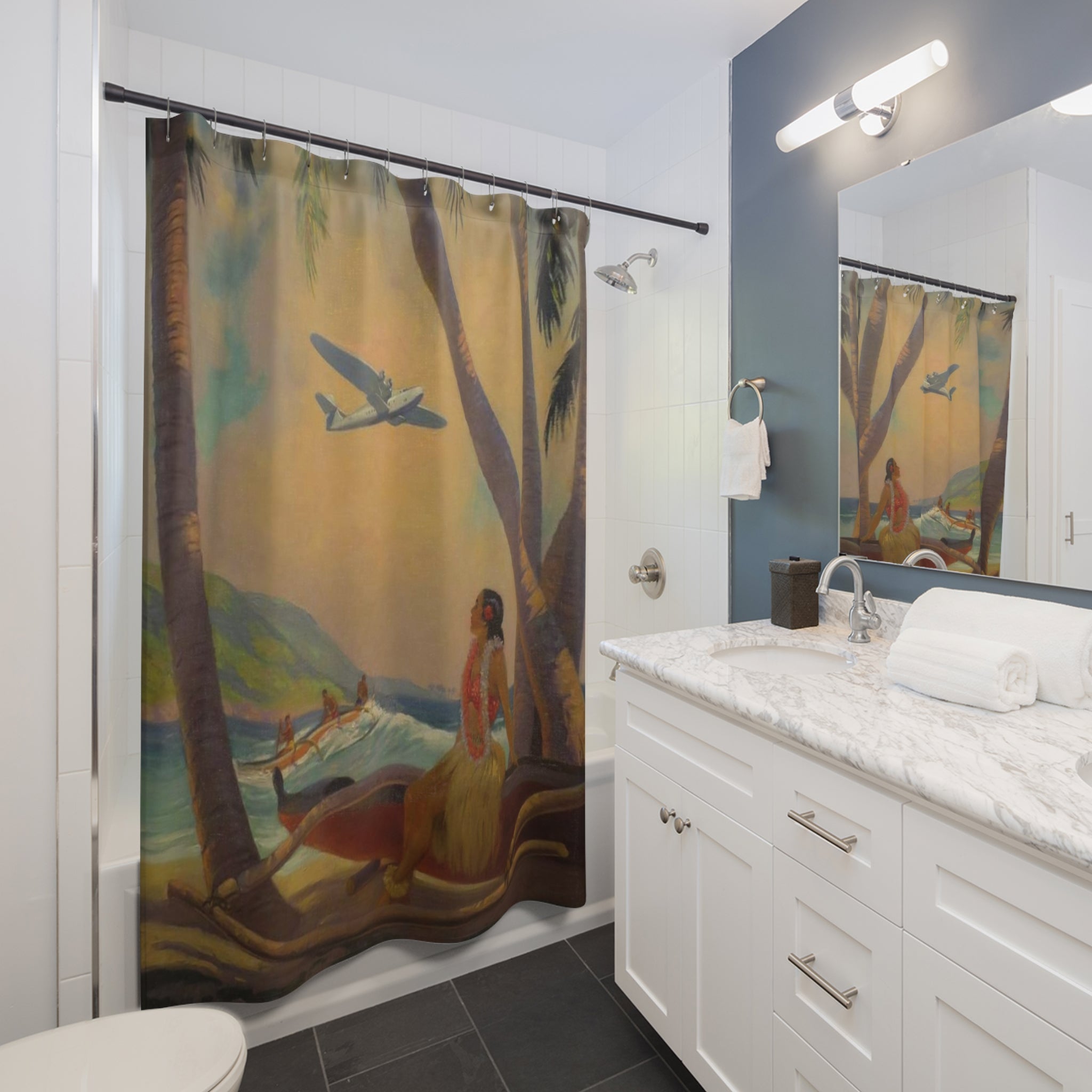 Tropical Vintage Plane Shower Curtain — Hawaiian Hula Beach Scene