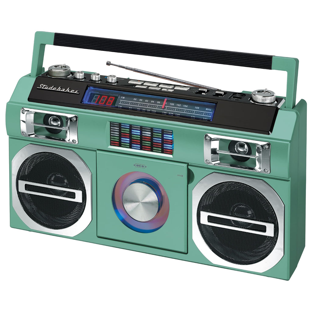 Studebaker SB2149TE Master Blaster Bluetooth Boombox with 3 Way Power AM/FM Radio USB Port CD Player with MP3 Playback LED EQ and 10 Watts RMS Speaker in Teal