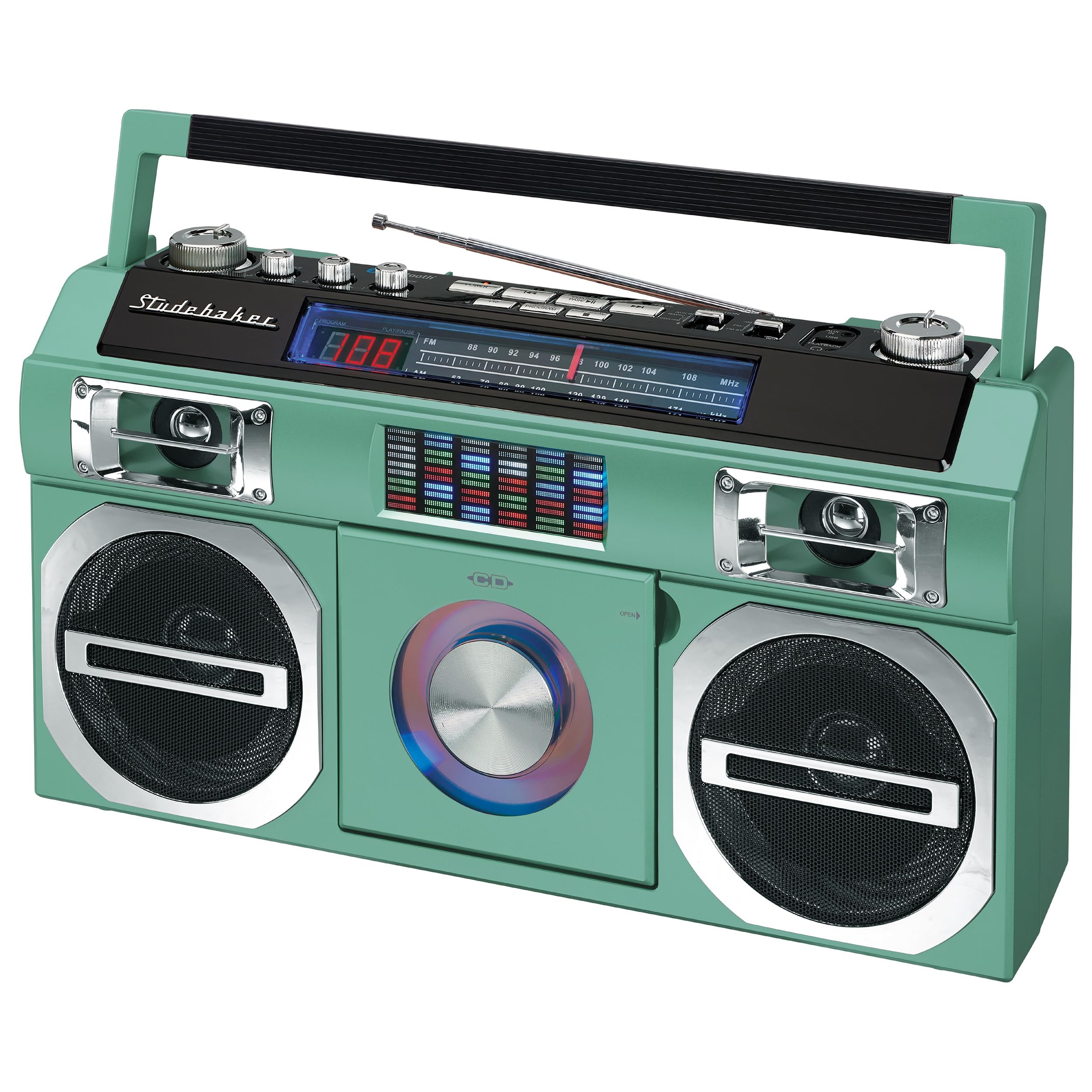Studebaker SB2149TE Master Blaster Bluetooth Boombox with 3 Way Power AM/FM Radio USB Port CD Player with MP3 Playback LED EQ and 10 Watts RMS Speaker in Teal