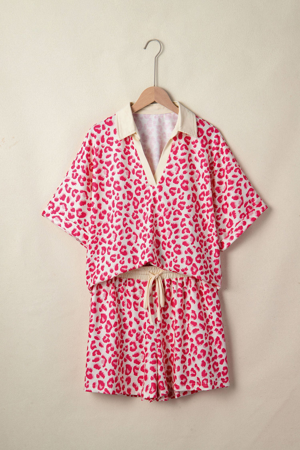 Rose V Neck Collar Leopard Printed 2pcs Short Set