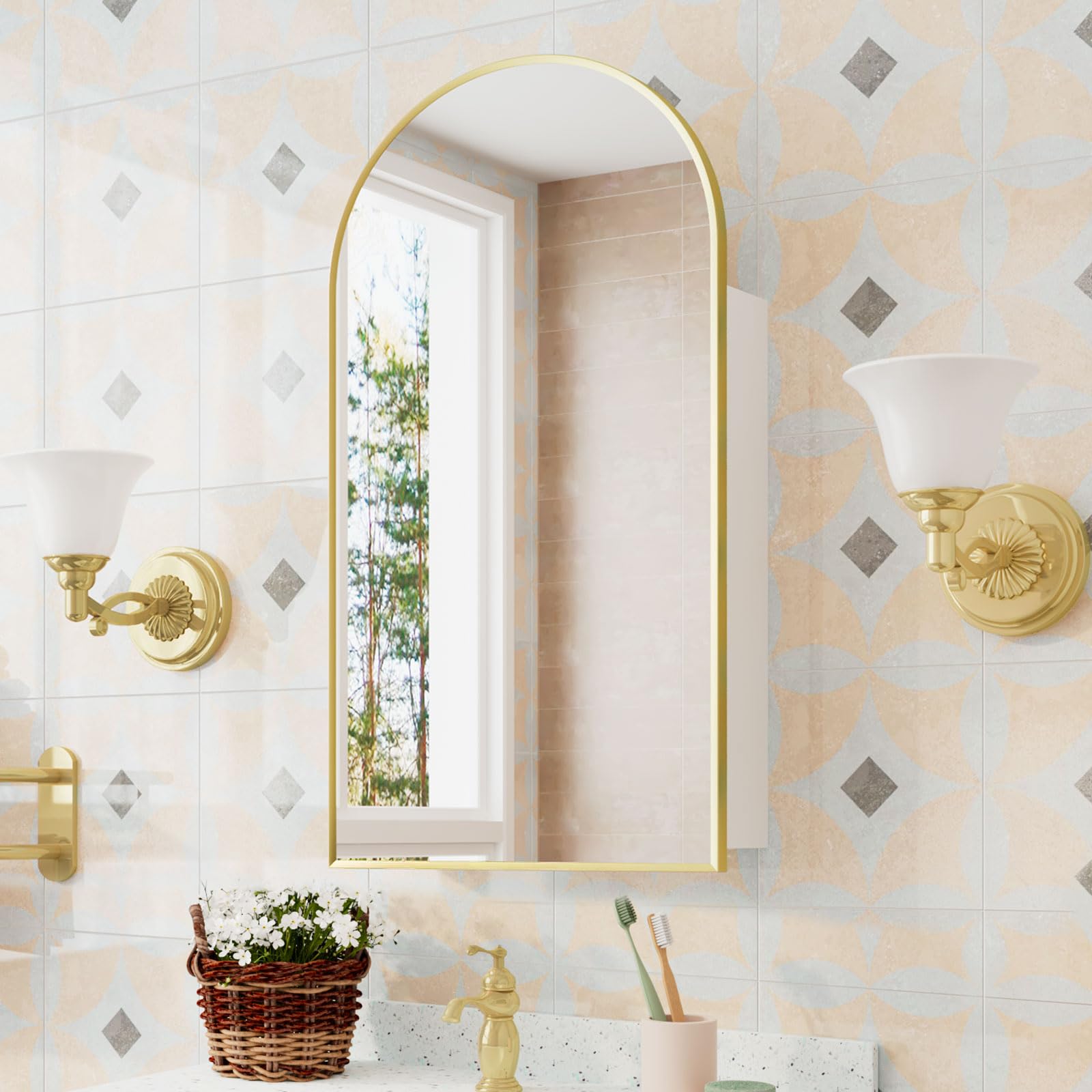 Arched Medicine Cabinet with MirrorBrushed Gold Medicine Cabinet for BathroomMetal Edge Mirror Cabinet with StorageLarge Medicine Cabinet Mirror Cabinet Wall Mounted Only Yellow Gold20x36 Inch