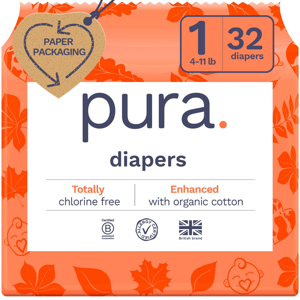 Pura Size 1 Eco-Friendly Diapers (4-11lbs) Hypoallergenic Soft Organic Cotton Comfort Sustainable Wetness Indicator Allergy UK Certified. Newborn 1 Pack of 32 Baby Diapers