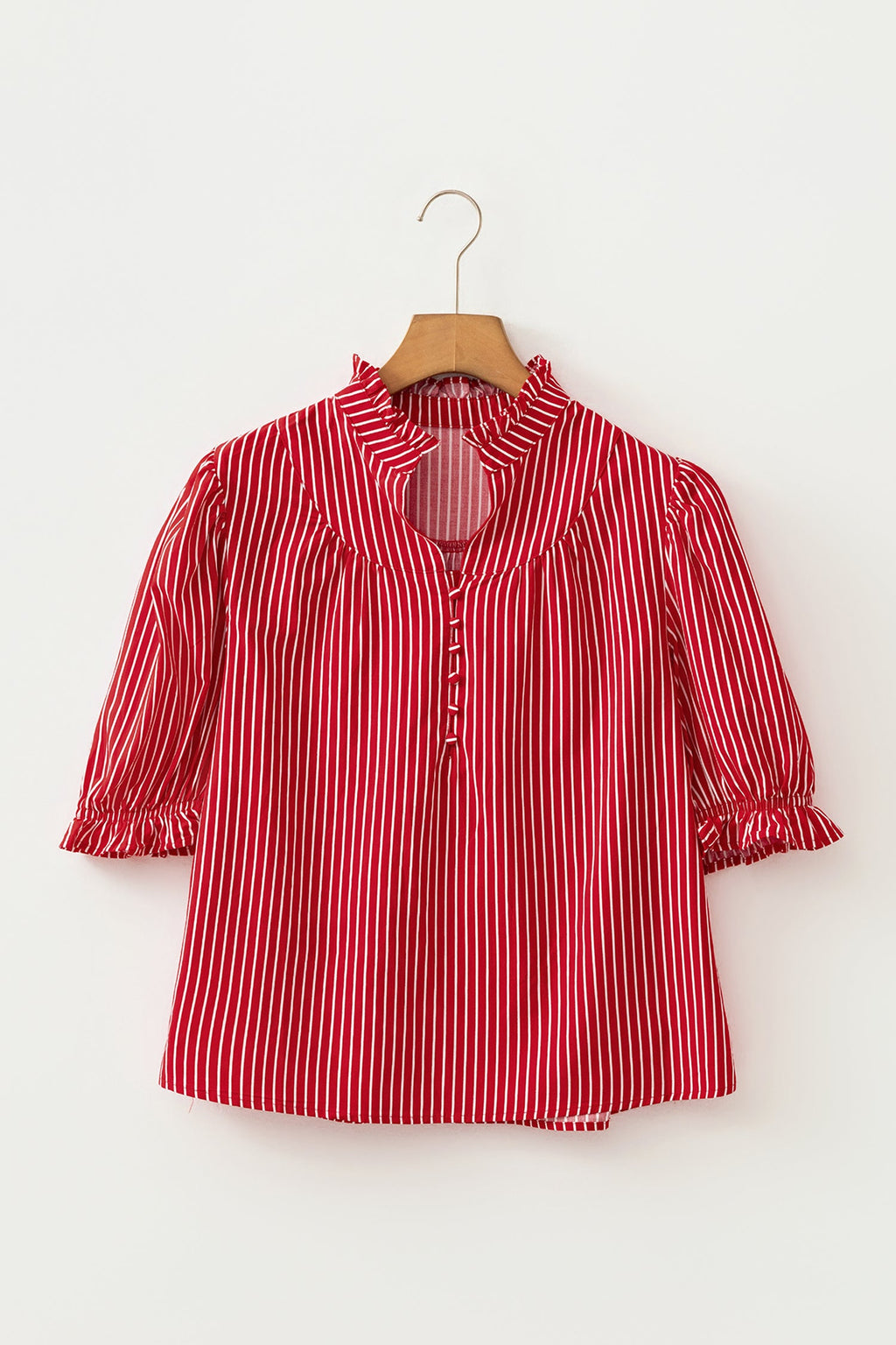 Red Stripe Ruffled Short Puff Sleeve Button Front Blouse