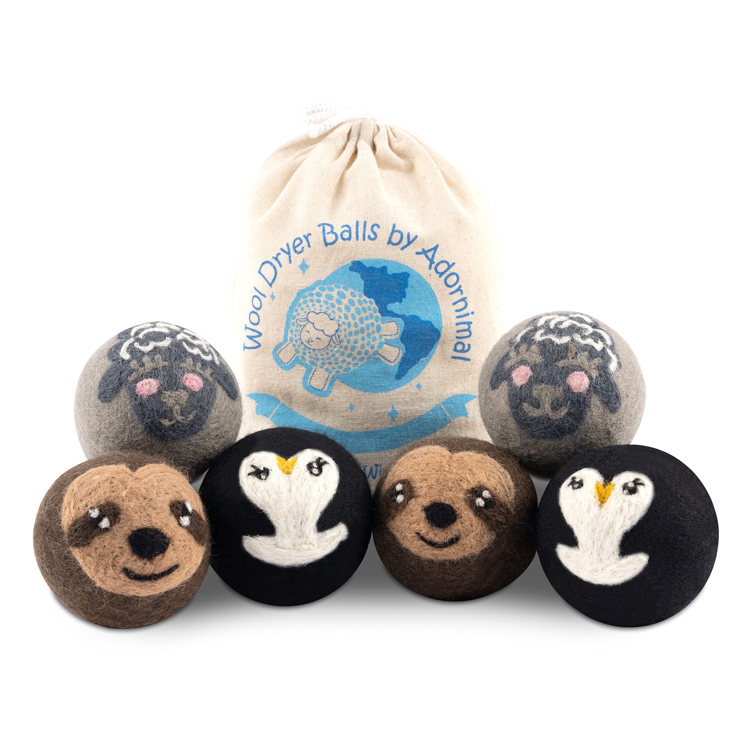 Wool Dryer Balls – Sloth Penguin and Sheep Design Dryer Balls Laundry Reusable – Natural Fabric Softener – 100% Pure New Zealand Wool – Handcrafted in Nepal – 6 Pack Laundry Balls for Dryer