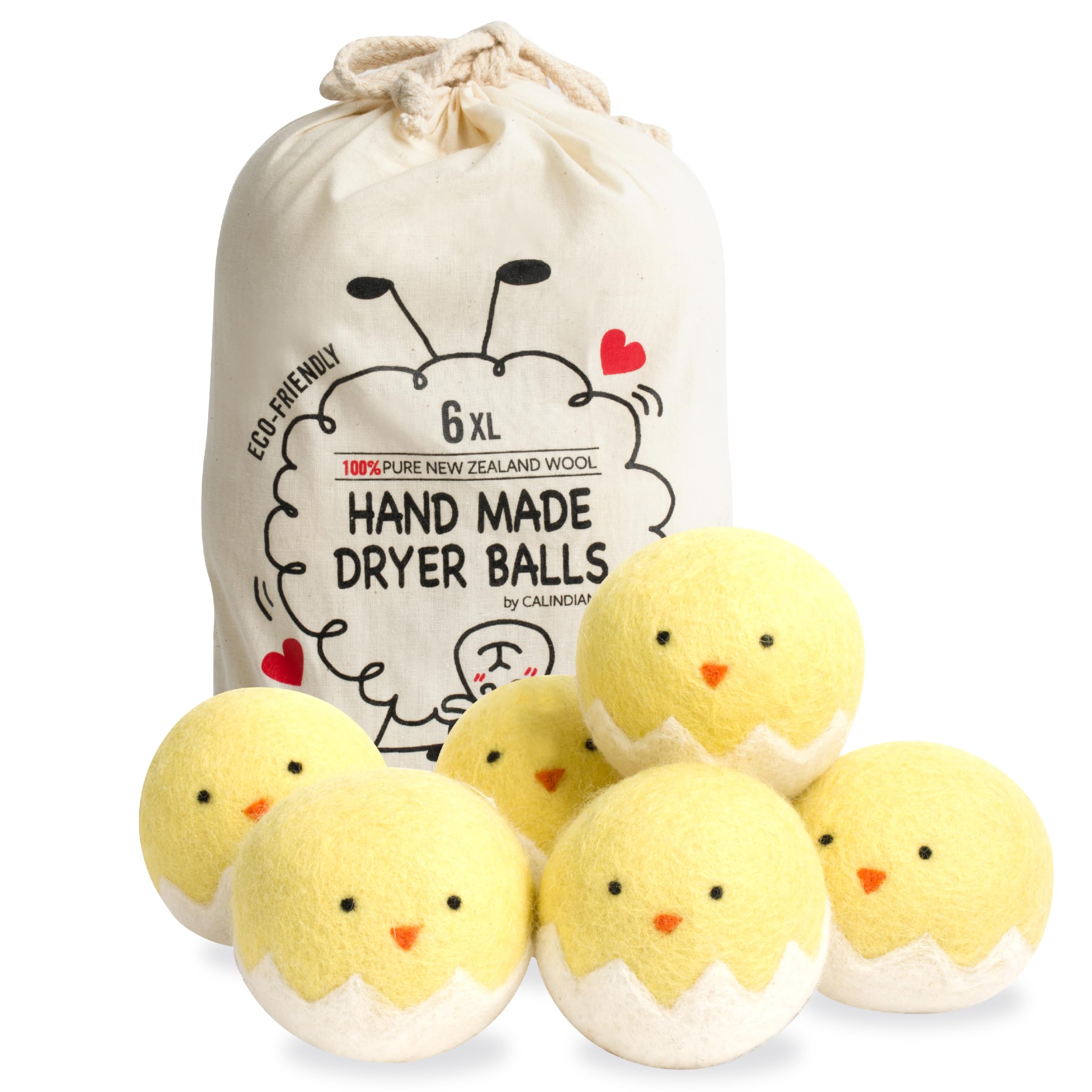 Calindiana 100% Organic Premium New Zealand Wool Dryer Balls Laundry Reusable Fabric Softener Cute Dryer Sheets Alternative Anti Static XL Size 6 Pack Yellow Chick