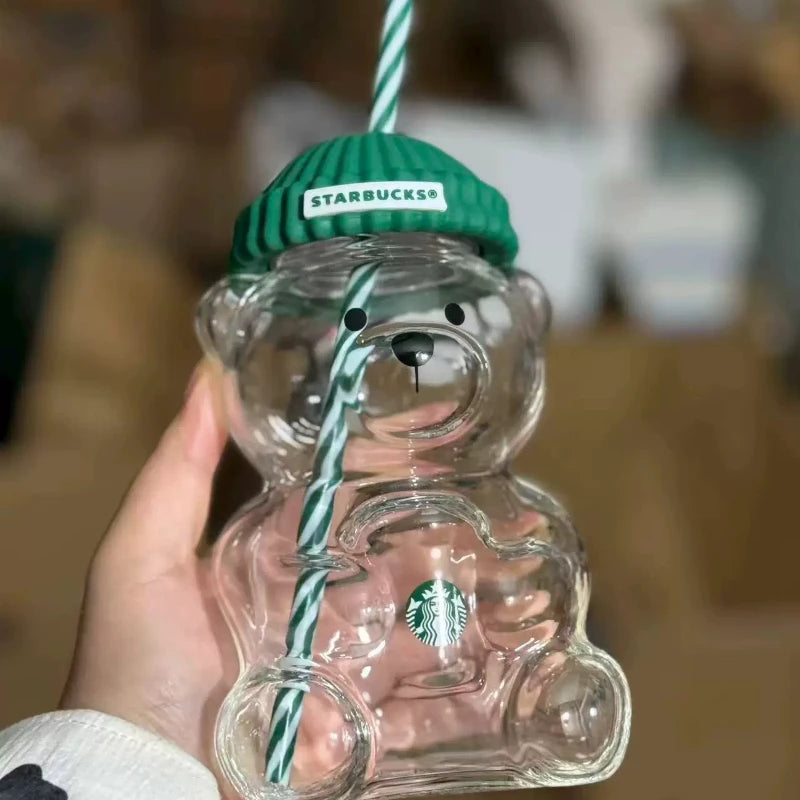 Starbucks Bearista Bear Clear Glass Cup 591ml Green Lid Straw Cold Water Tumbler Café Gift