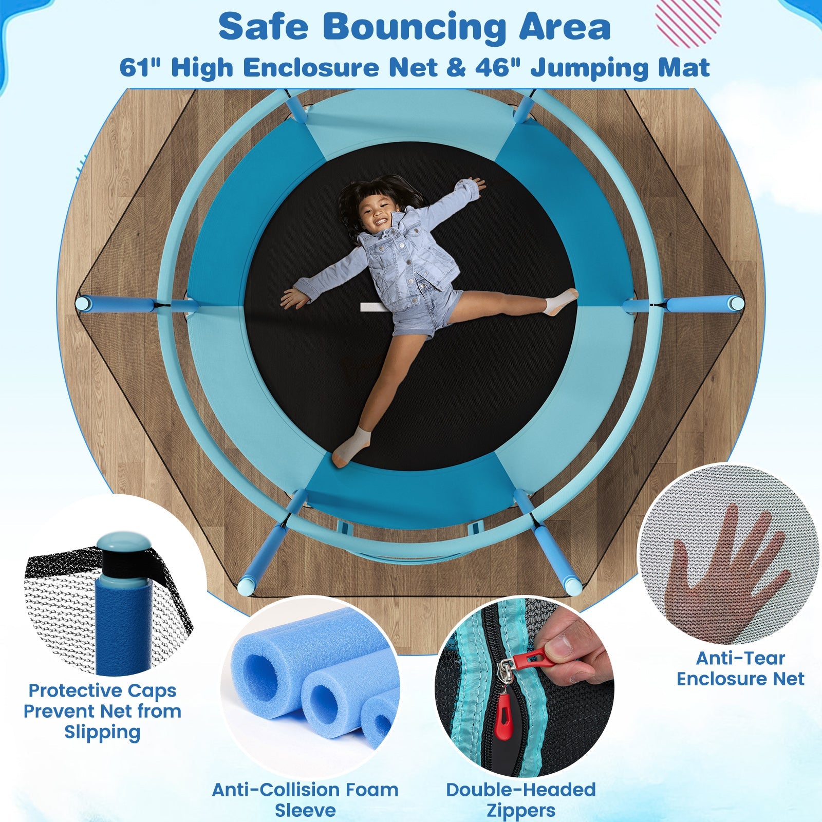 60 Inch Trampoline with Gymnastic Bar and Rings for Kids