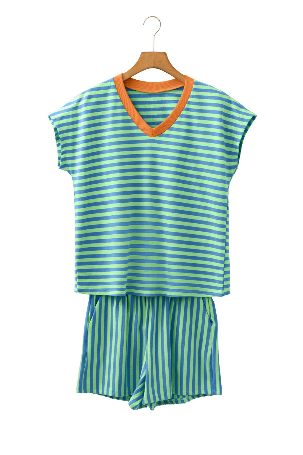 Green Stripe Colorblock Trim V Neck Tee Drawstring Elastic Waist Short Set