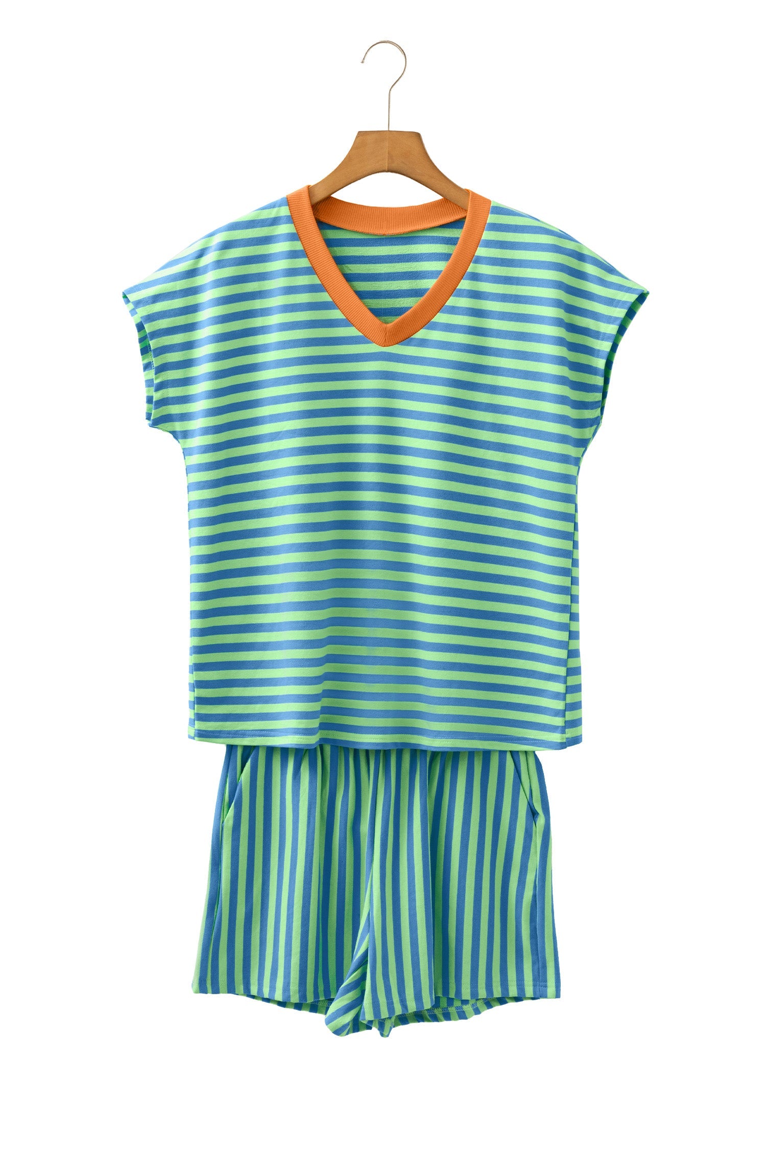 Green Stripe Colorblock Trim V Neck Tee Drawstring Elastic Waist Short Set
