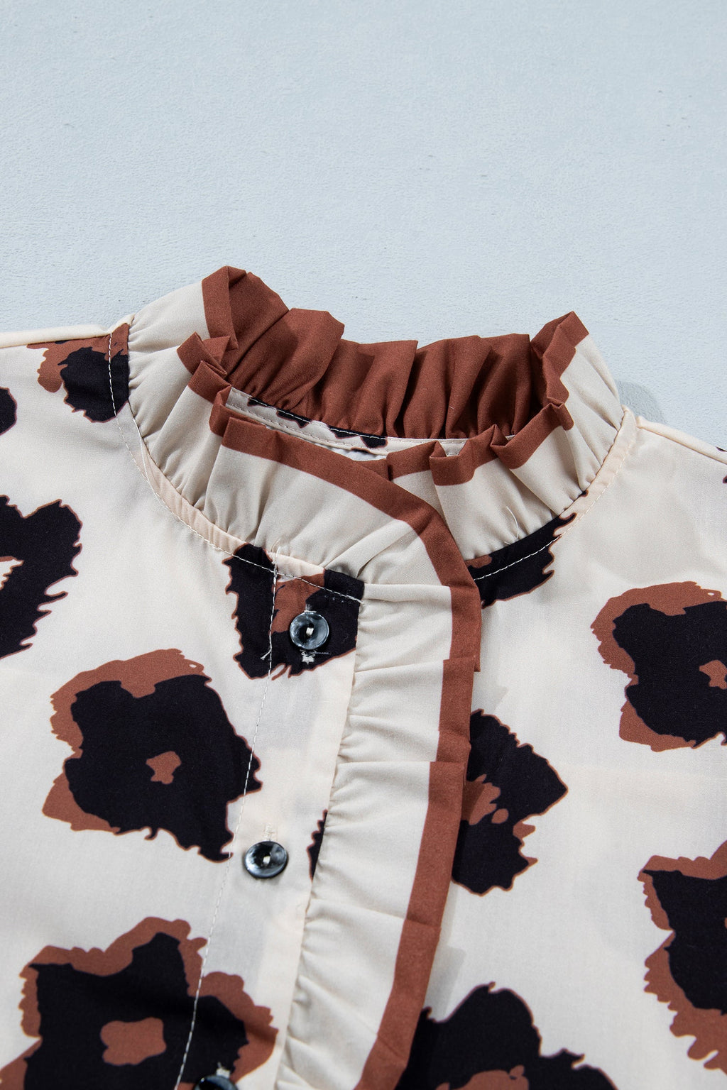 Khaki Leopard Printed Ruffle Sleeve Summer Blouse