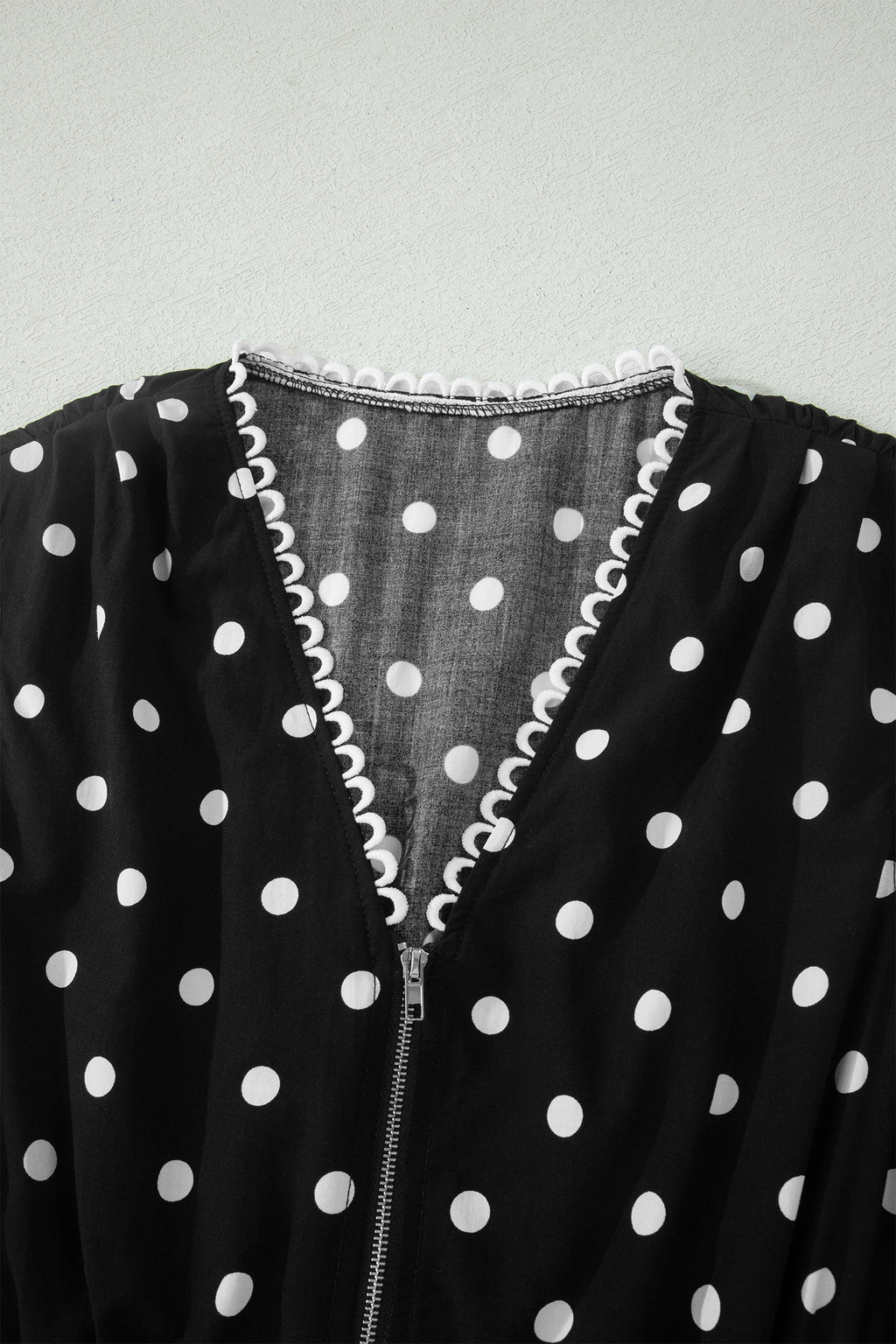 Black Polka Dot Print Contrast Trim V Neck Zip Up Sleeveless Dress