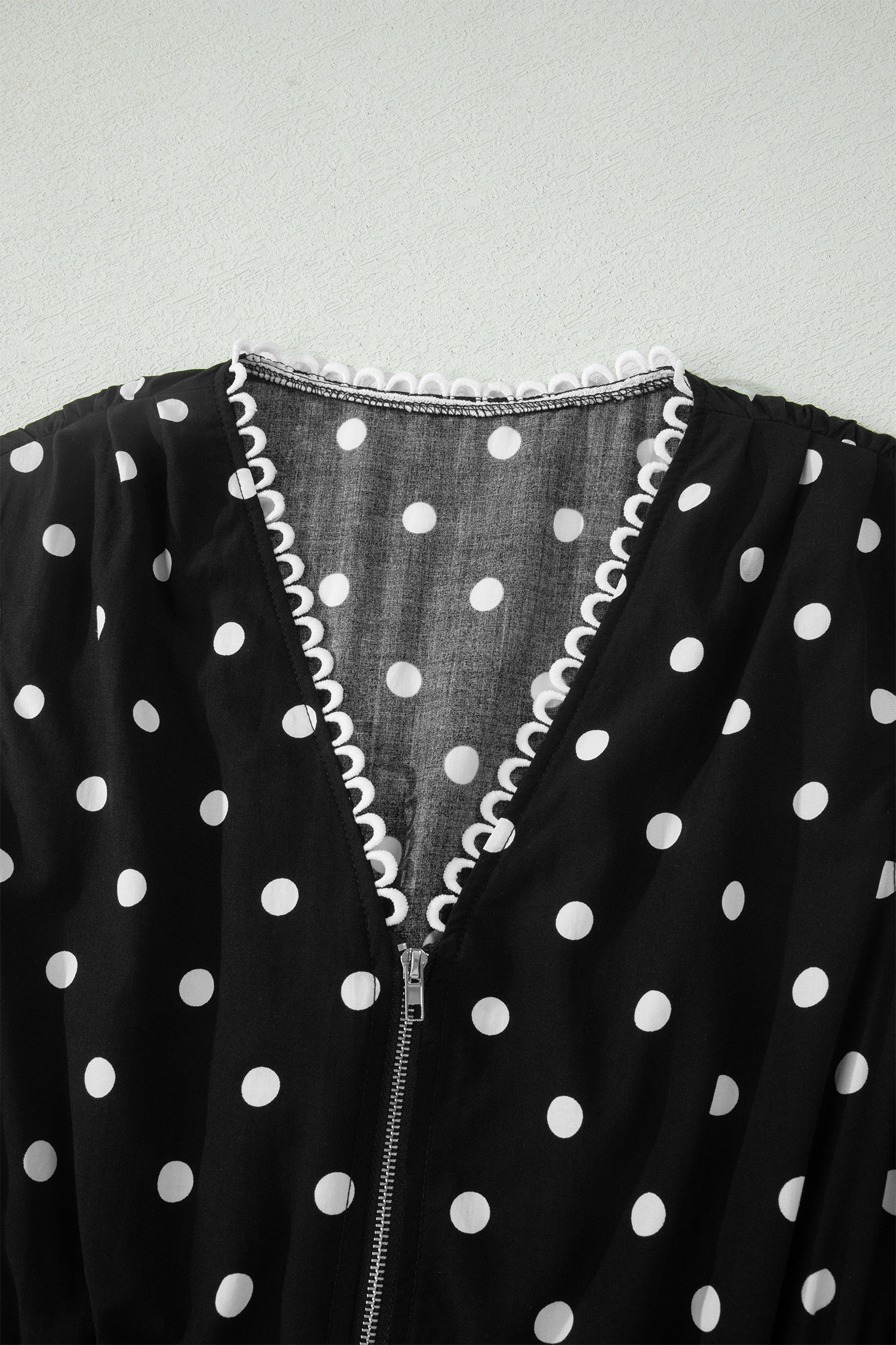 Black Polka Dot Print Contrast Trim V Neck Zip Up Sleeveless Dress