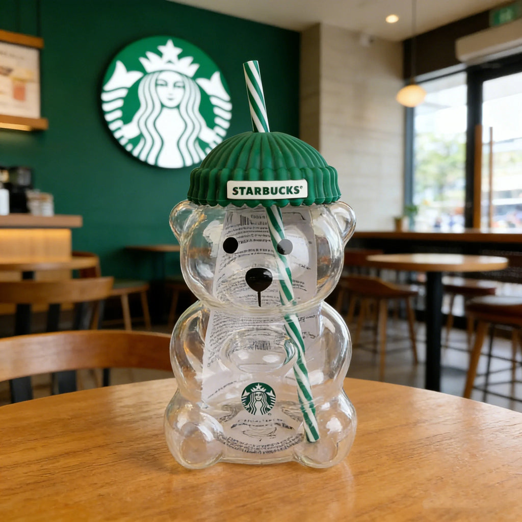 Starbucks Bearista Bear Clear Glass Cup 591ml Green Lid Straw Cold Water Tumbler Café Gift