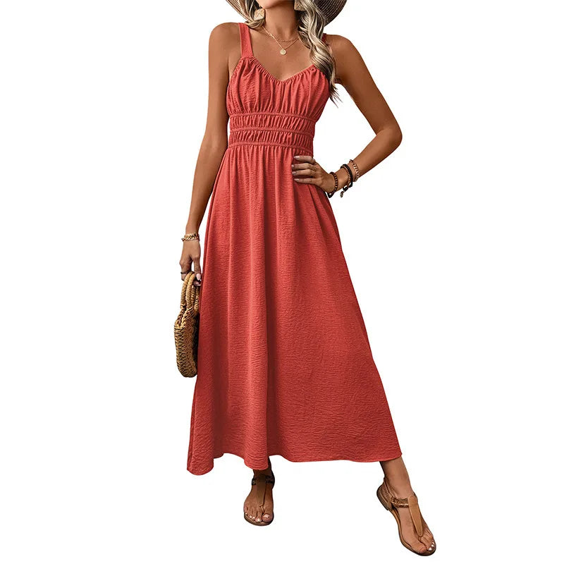 Women Dresses Solid Dress Pleated Camisole V Neck Sleeveless Ankle Length Cinched Empire Waist Casual Loose Fit 2026 Summer