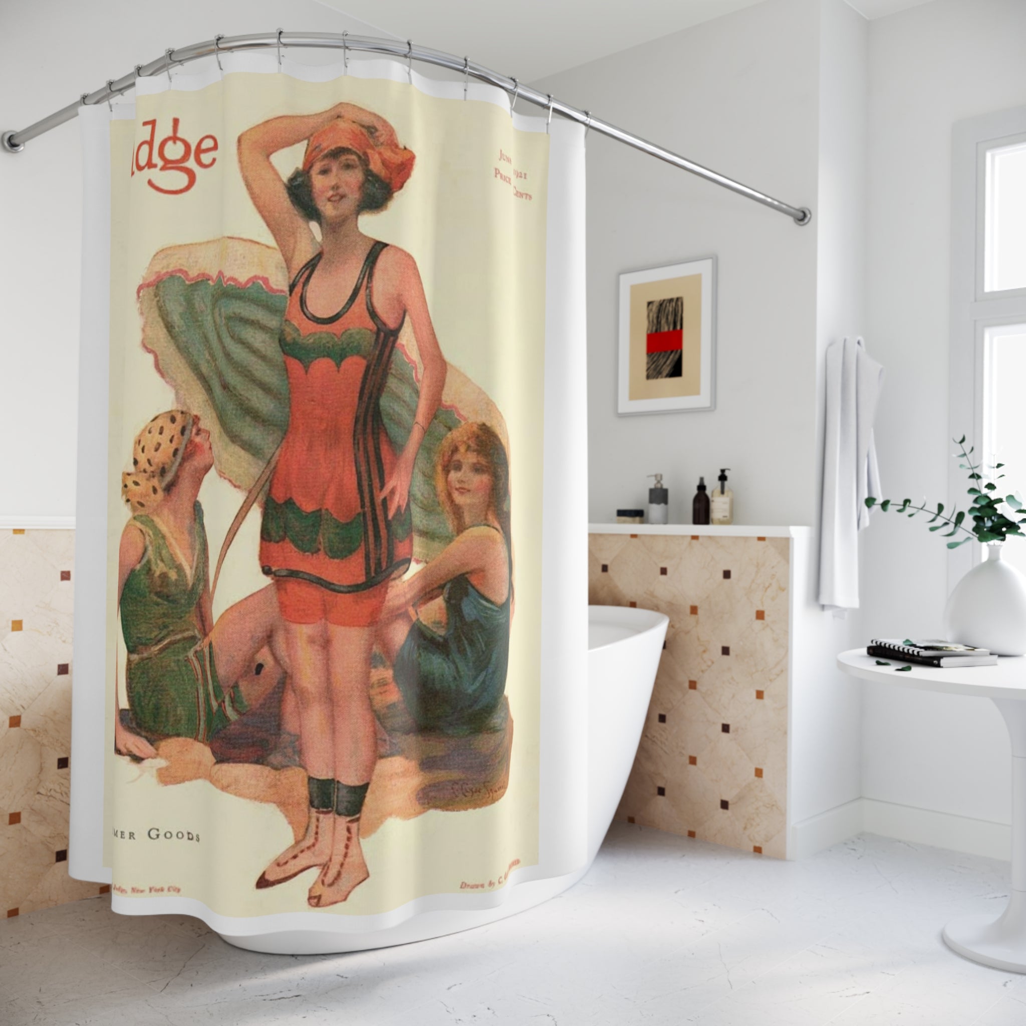 Vintage 1920s Swimwear Illustration Shower Curtain | Retro Beach Bath Decor