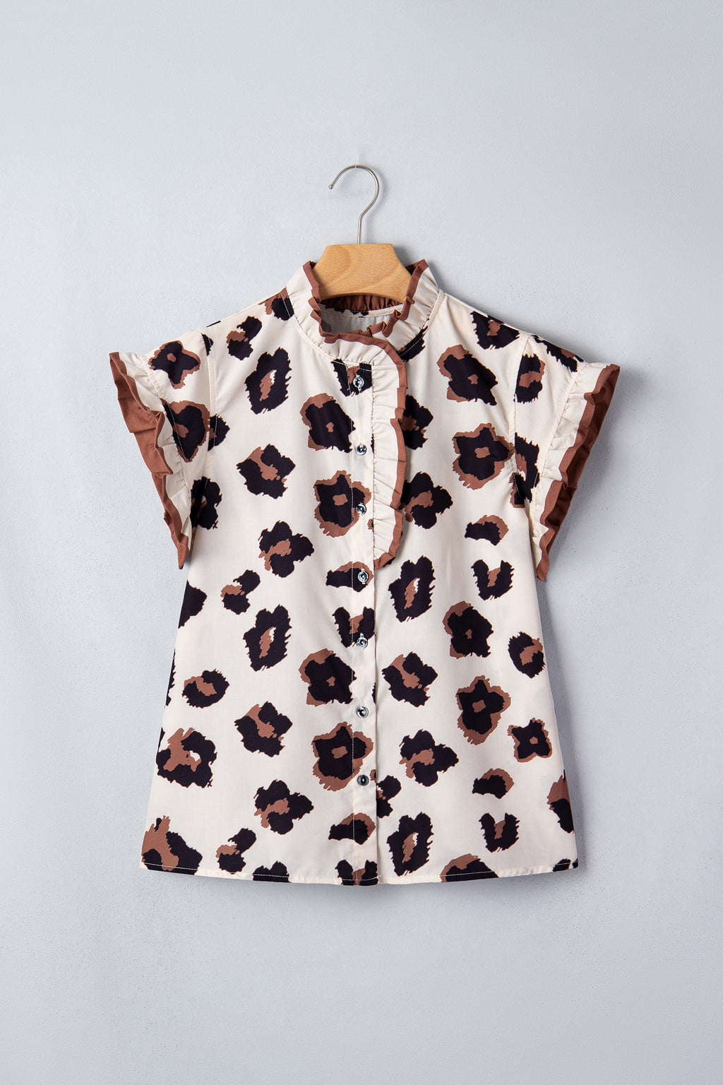 Khaki Leopard Printed Ruffle Sleeve Summer Blouse