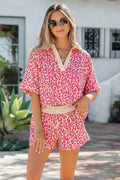 Rose V Neck Collar Leopard Printed 2pcs Short Set