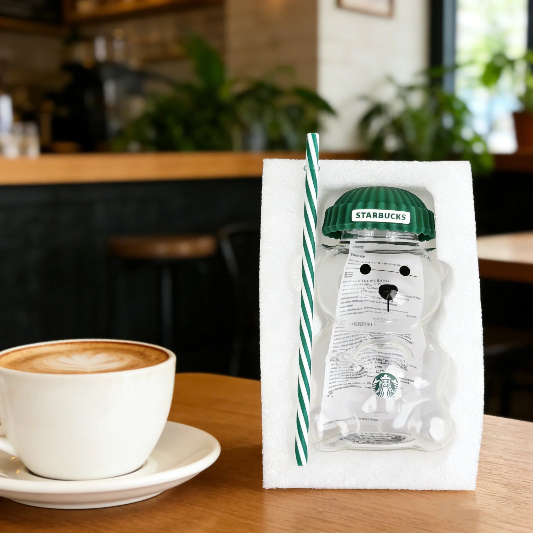 Starbucks Bearista Bear Clear Glass Cup 591ml Green Lid Straw Cold Water Tumbler Café Gift