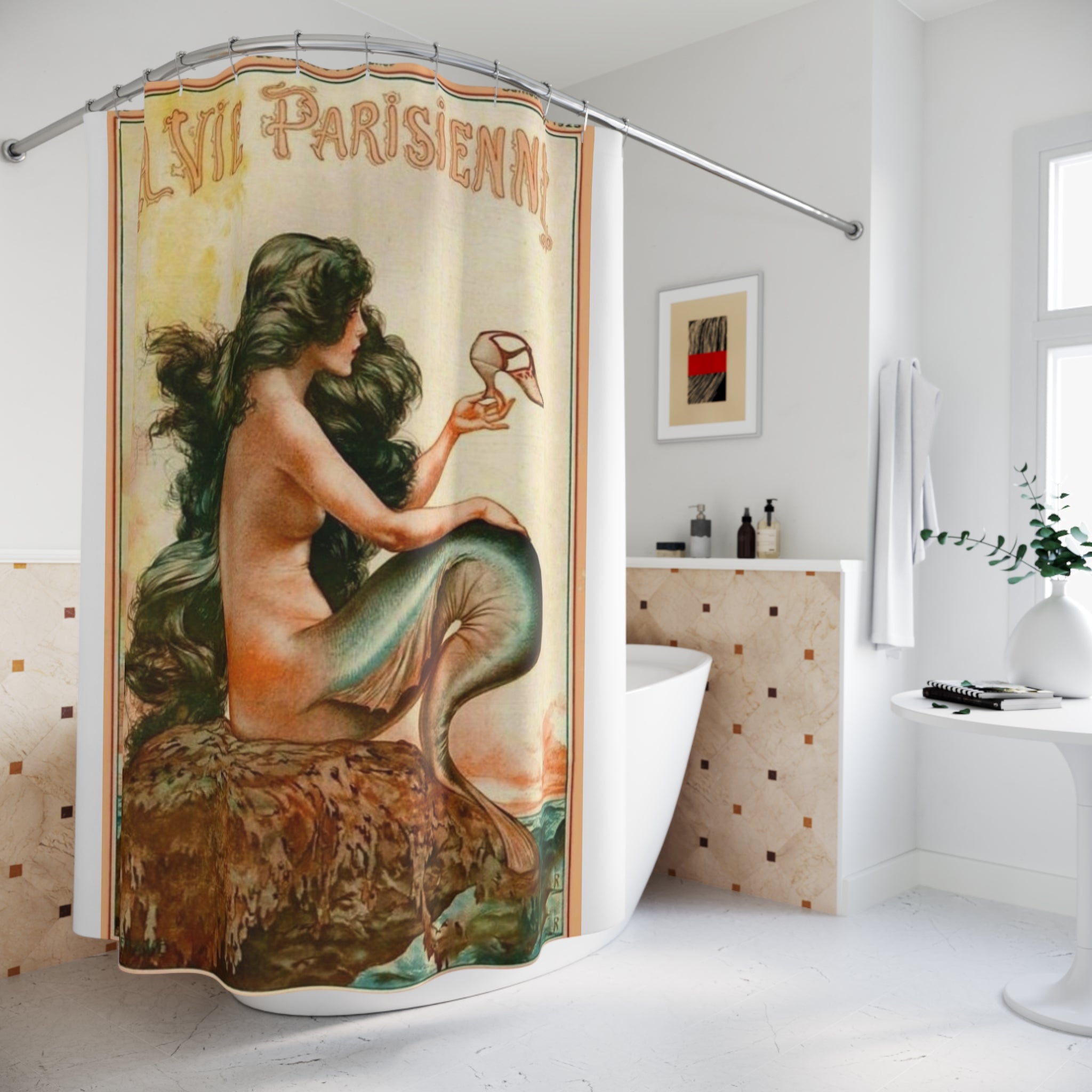 Mermaid Vintage Poster Shower Curtain — "La Vie Parisienne" Bathroom Decor