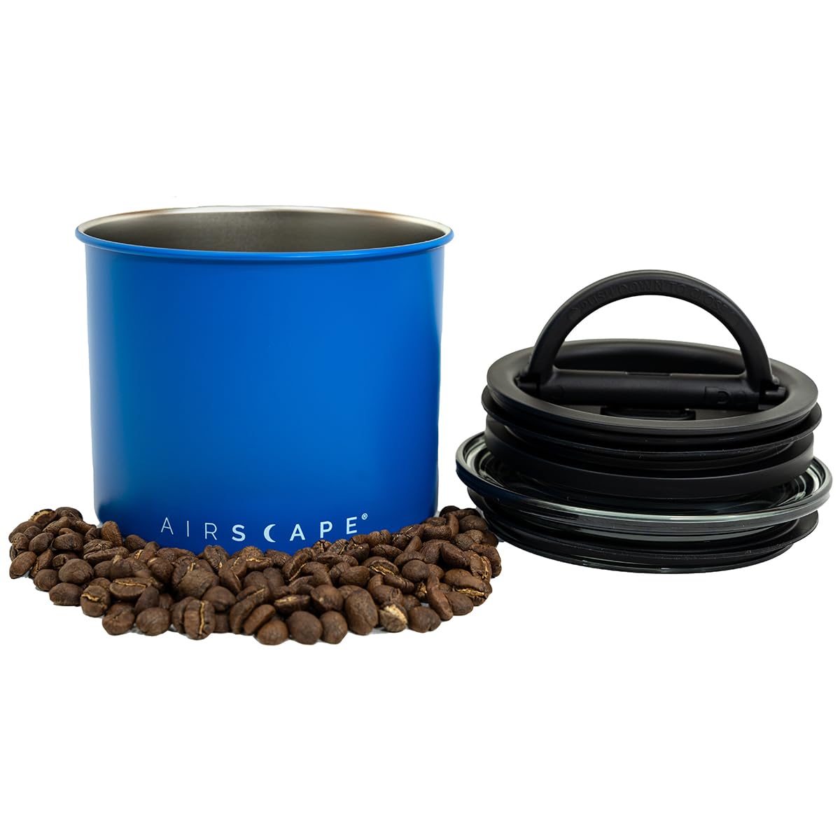 Planetary Design Airscape Stainless Steel Coffee Canister | Food Storage Container | Patented Airtight Lid | Push Out Excess Air Preserve Food Freshness (Small Matte Blue)