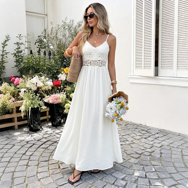 2026 Summer New Style, Fresh and Sweet Style Plaid Solid Color Open V-Neck Dress, Beach Style