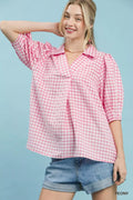 Umgee Gingham Puff Sleeve Collared Blouse in Pink