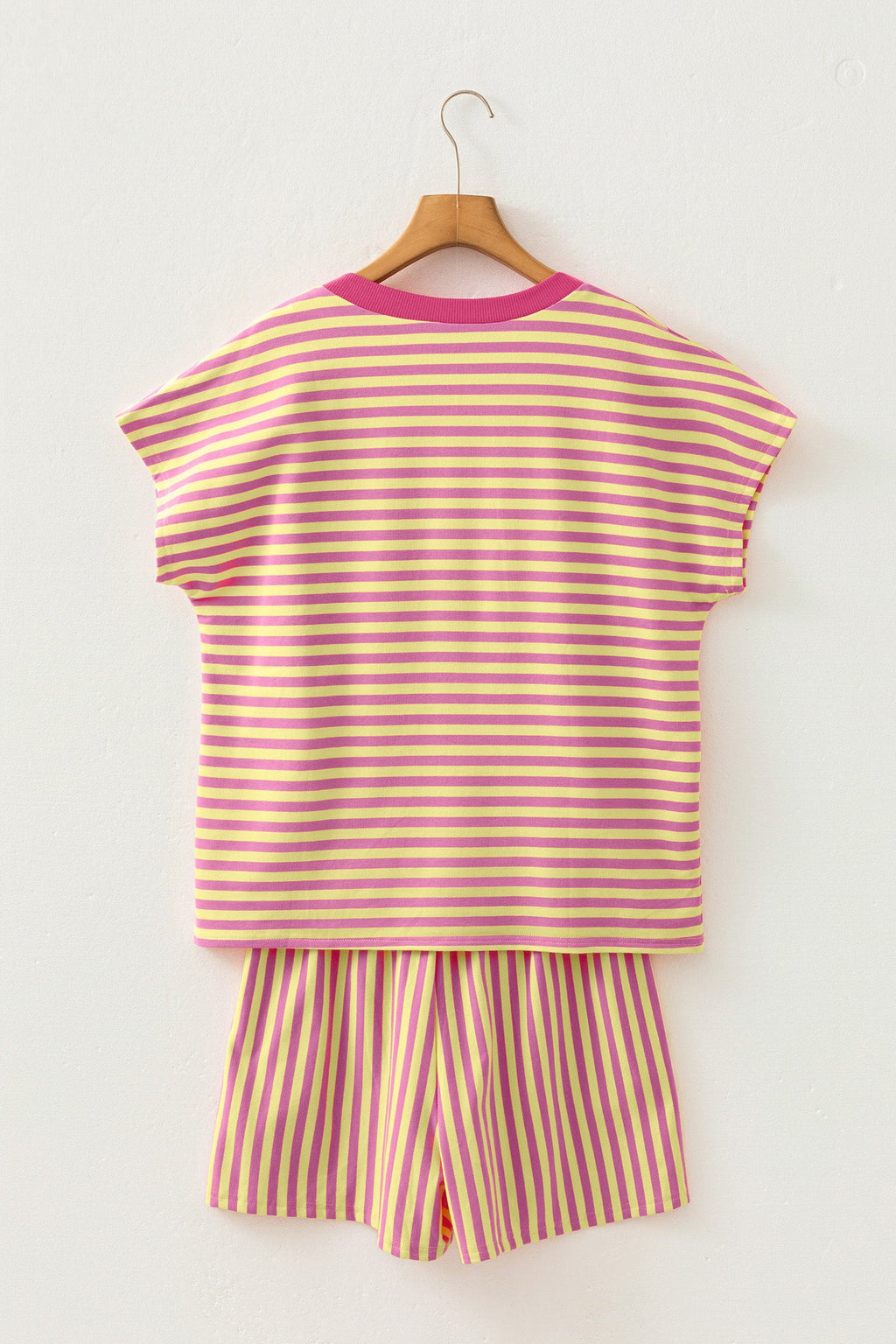Green Stripe Colorblock Trim V Neck Tee Drawstring Elastic Waist Short Set