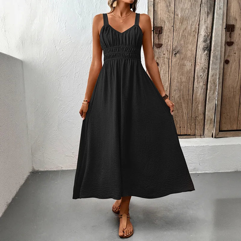 Women Dresses Solid Dress Pleated Camisole V Neck Sleeveless Ankle Length Cinched Empire Waist Casual Loose Fit 2026 Summer