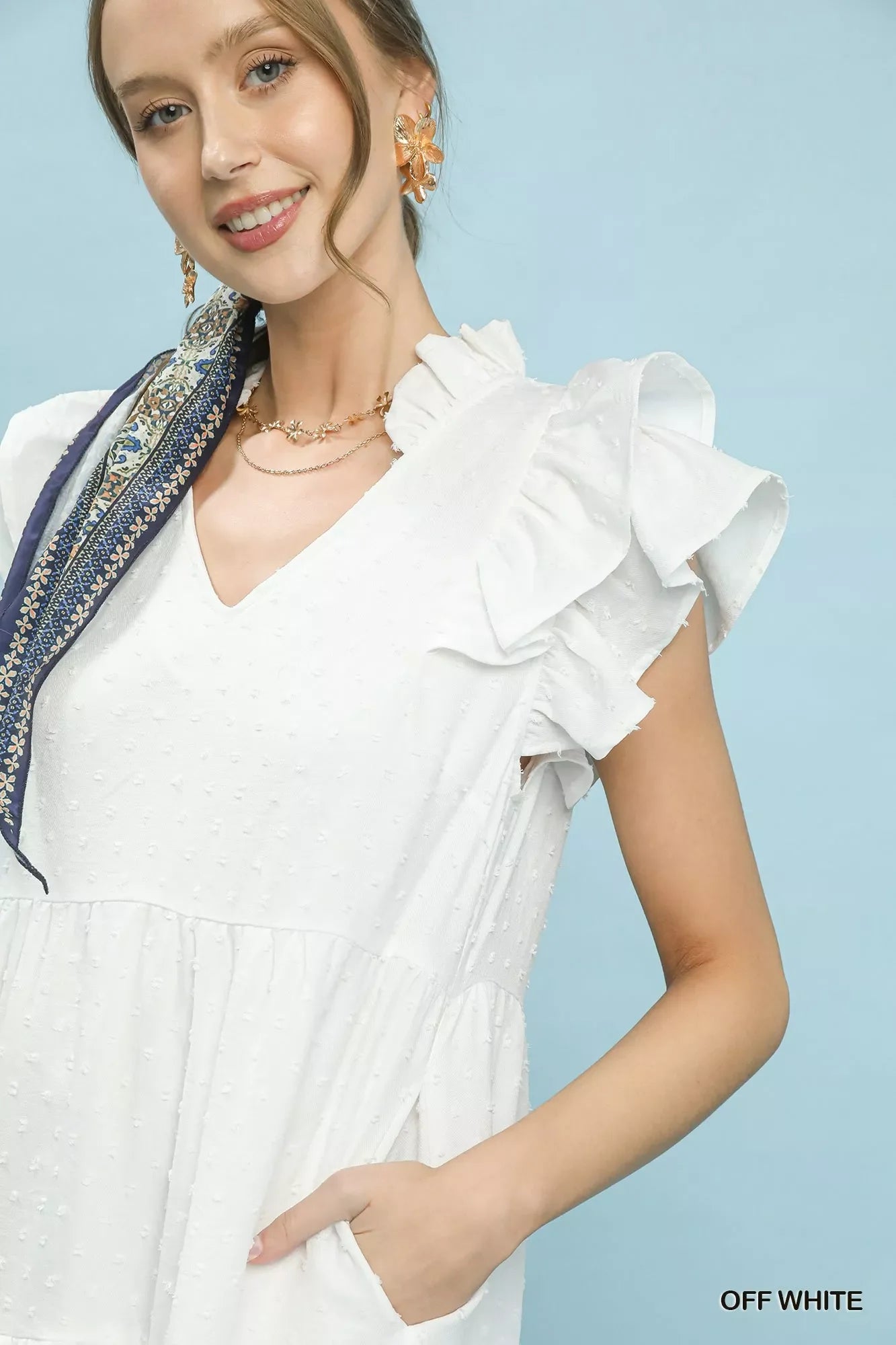 Umgee Textured Ruffle Sleeve Tiered Midi Dress in Off White