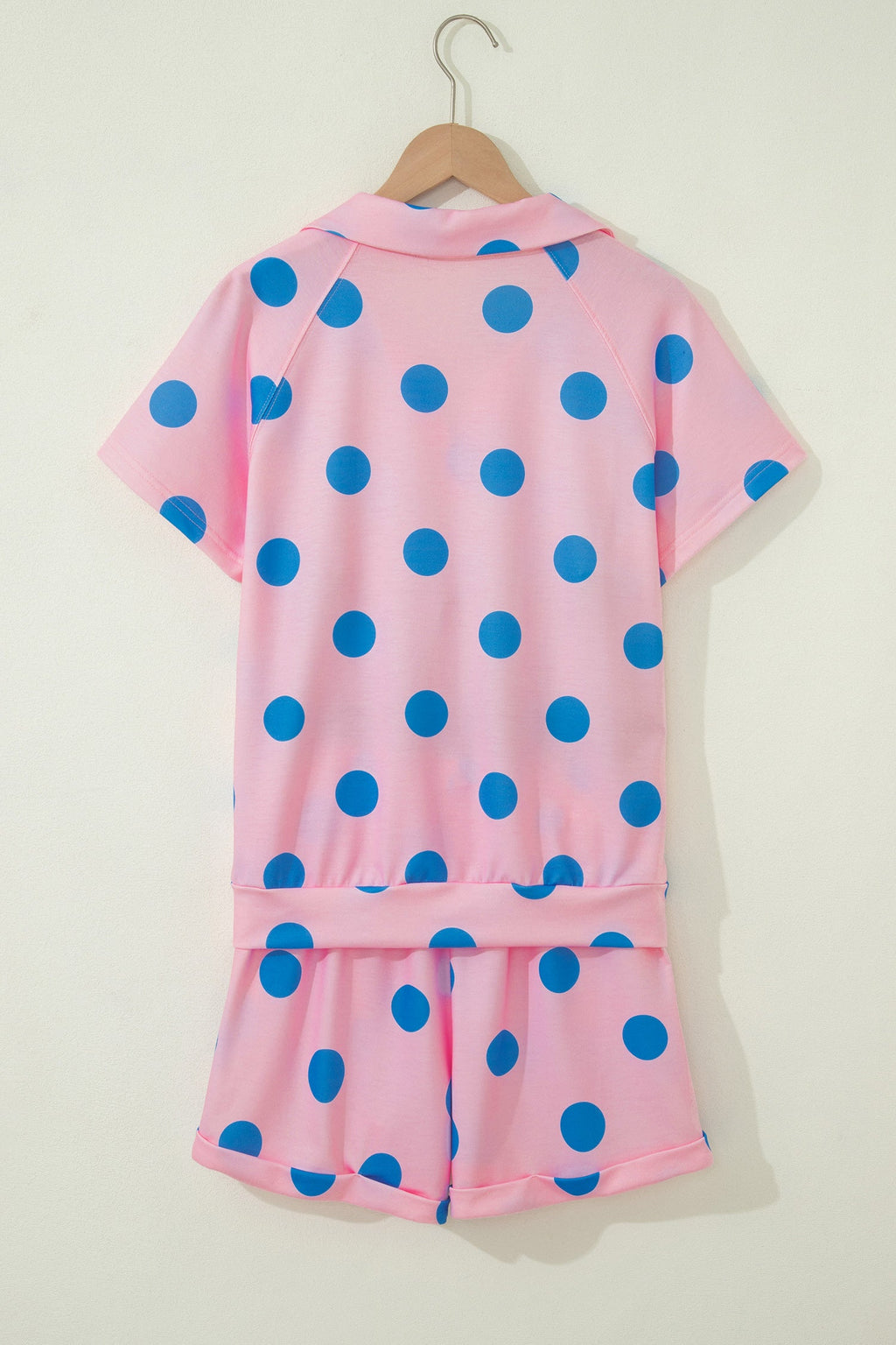 Pink Polka Dot Print V Neck Tee Short Set