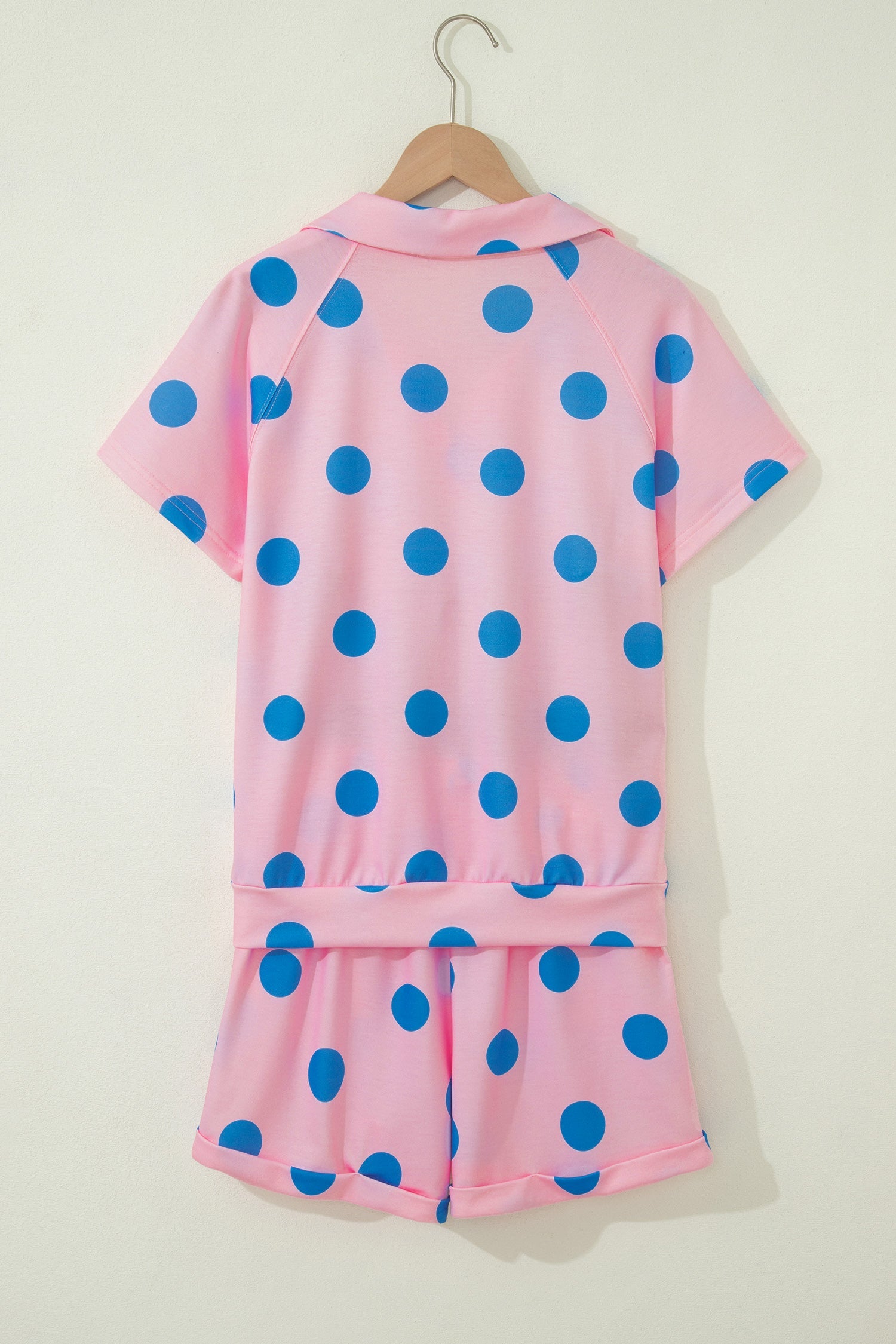 Pink Polka Dot Print V Neck Tee Short Set