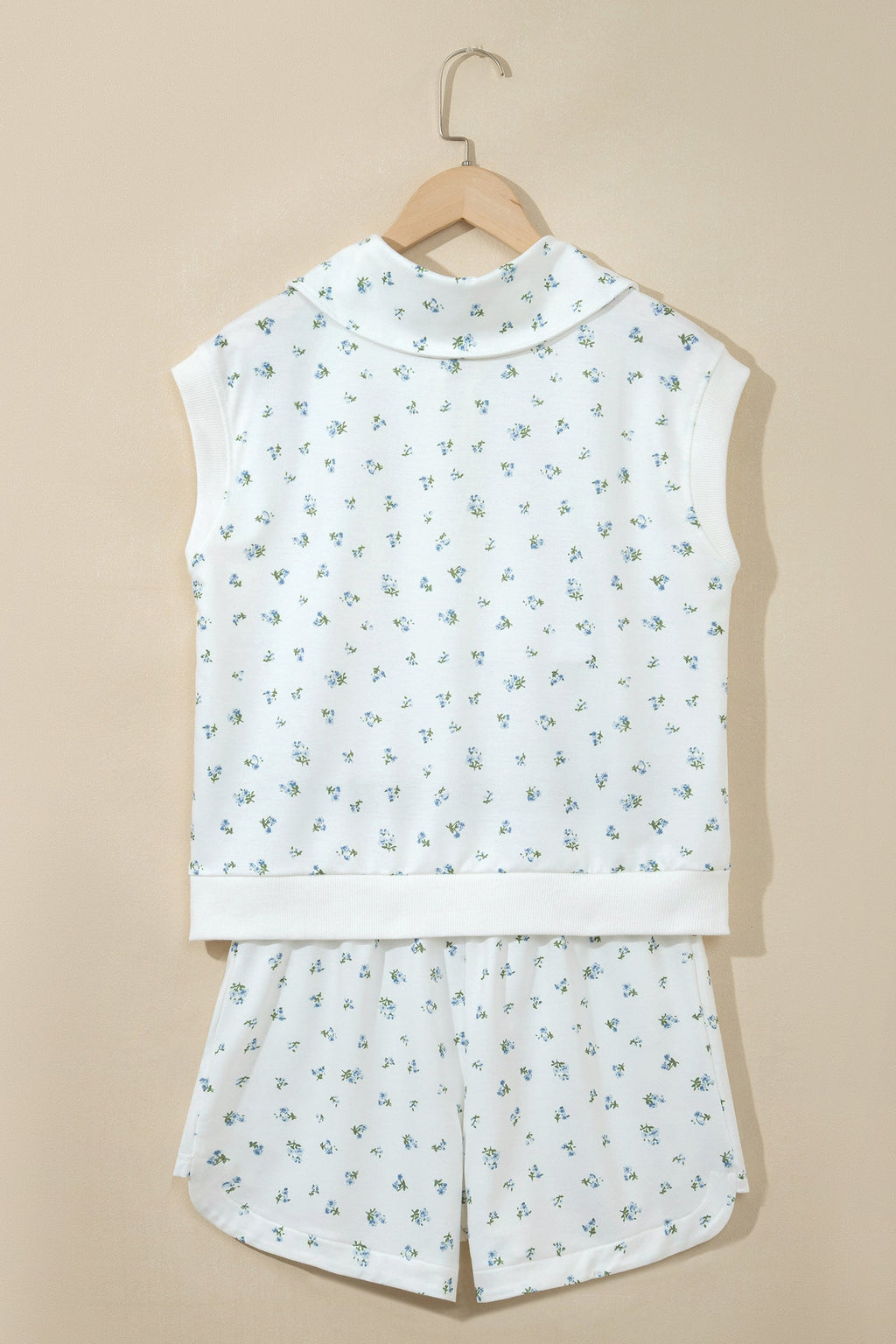 White Floral Print Half Zip Top Matching Short Set