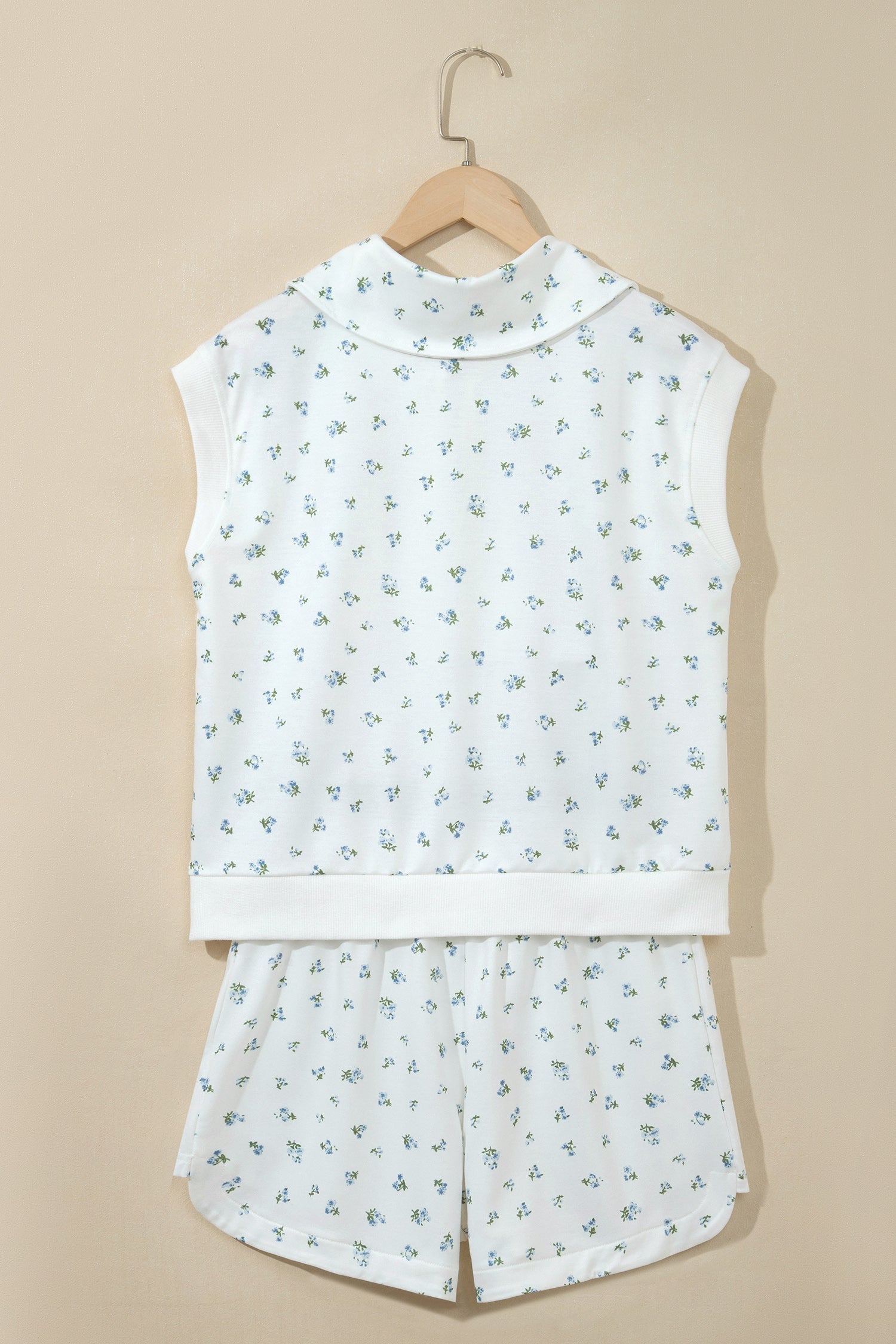 White Floral Print Half Zip Top Matching Short Set
