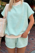 Green Stripe Cuffed Sleeve Contrast Mock Neck Tee Casual 2pcs Short Set
