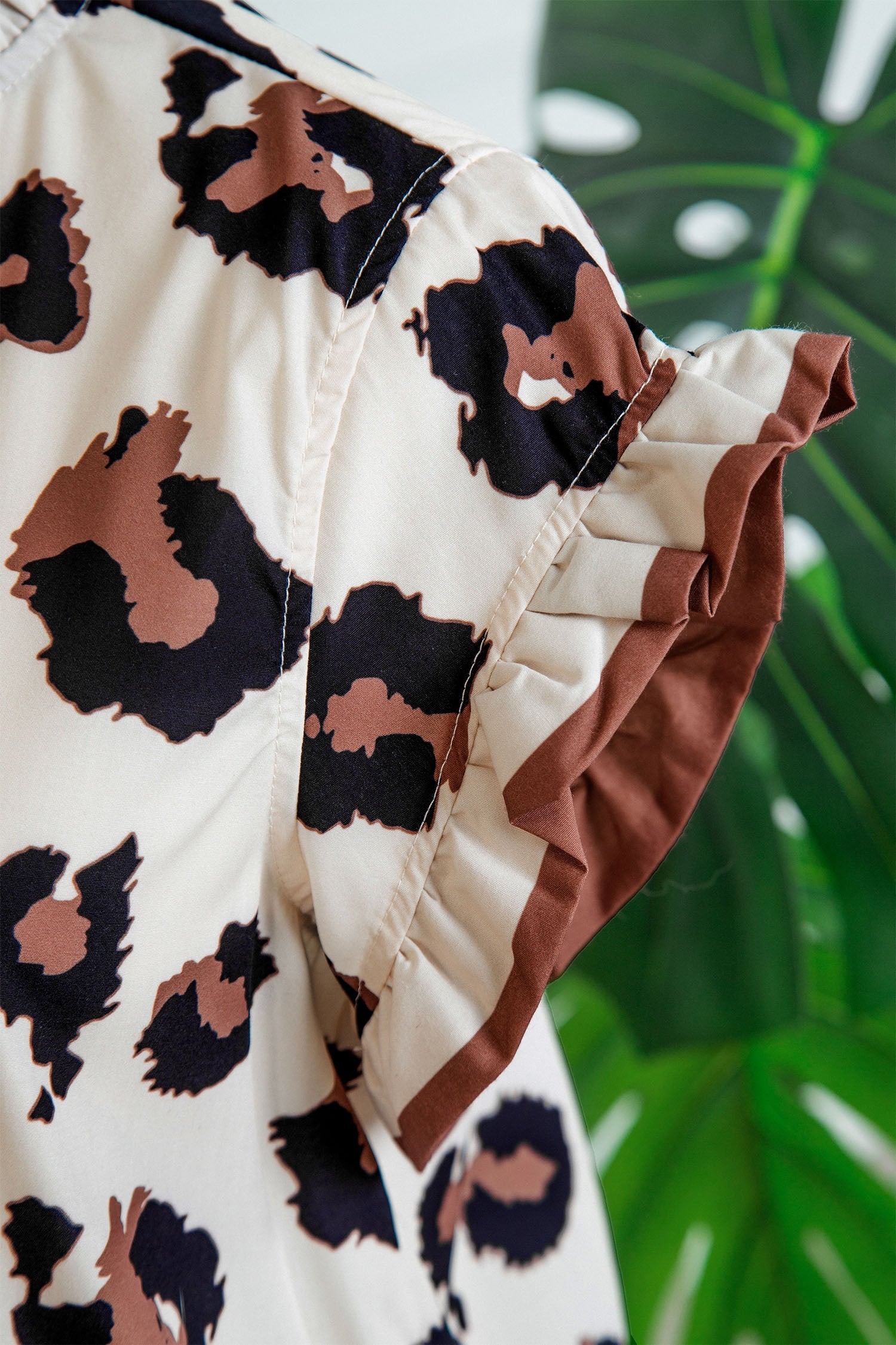 Khaki Leopard Printed Ruffle Sleeve Summer Blouse