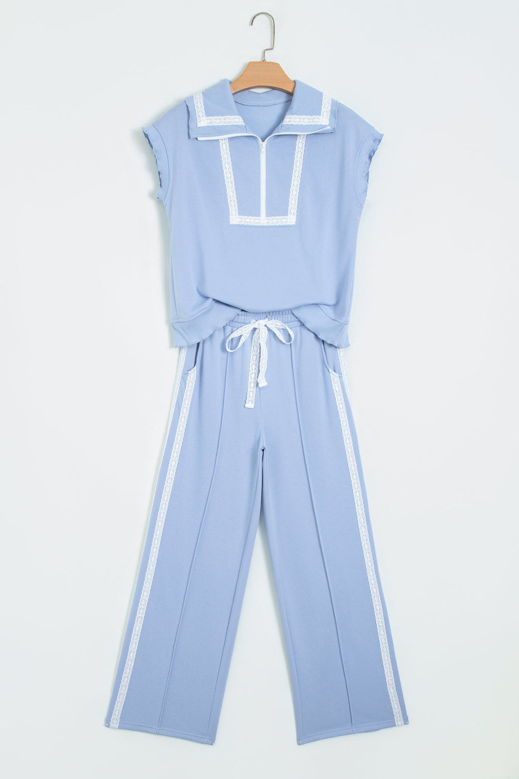 Sky Blue Lace Accent Zipped Collar Short Sleeve Top Sweatpants Set