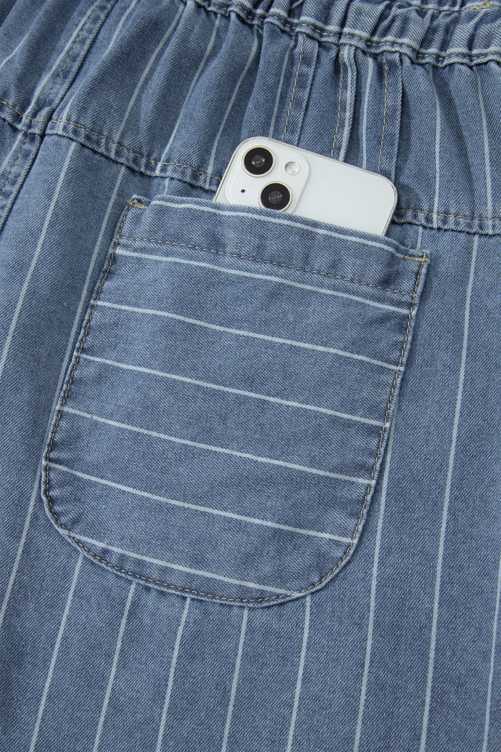 Sky Blue Stripe Drawstring Button Pleated High Waist Denim Shorts
